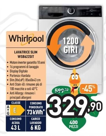 Unieuro Whirlpool Lavatrice Slim WSB622SIT offerta