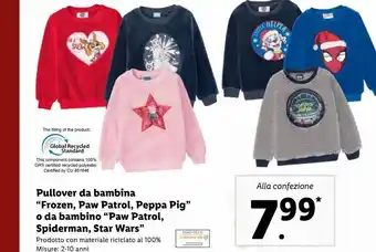 Lidl Pullover da bambina 'frozen, paw patrol, peppa pig' o da bambino 'paw patrol, spiderman, star wars' offerta