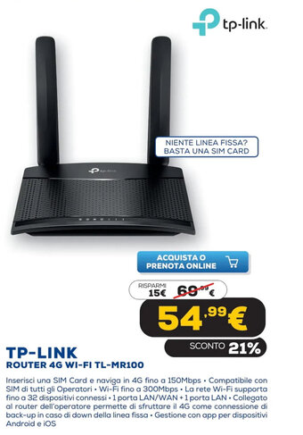 Euronics TP-Link Router 4G Wi-Fi TL-MR100 offerta