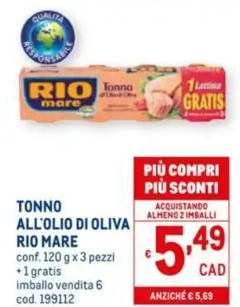 Metro Rio Mare Tonno All'Olio di Oliva 120g x 3 pz offerta