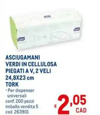 Metro Tork Asciugamani Verdi in Cellulosa Piegati A V, 2 Veli 24,8x23cm 200 pezzi offerta