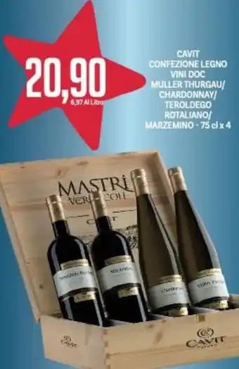 Supermercati Piccolo Cavit Confezione Legno Vini Doc Muller Thurgau/ Chardonnay/ Teroldego Rotaliano/ Marzemino 75 cl x 4 offerta