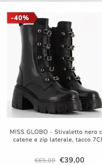 Miss globo stivaletto nero con catene e zip laterale, tacco 7cm