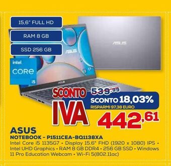 Euronics Asus notebook - p1511cea-bq1138xa offerta