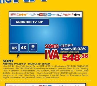 Euronics Sony android tv led 50'' - bravia kd-50x72k offerta