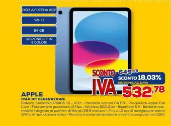 Euronics Apple ipad 10'' generazione offerta