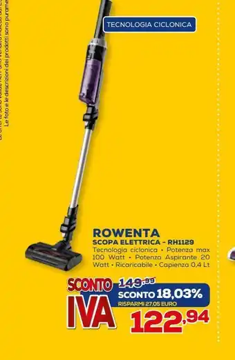 Euronics Rowenta scopa elettrica - rh1129 offerta