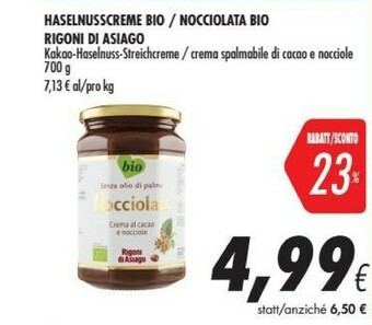 Coop Rigoni Di Asiago Nocciolata Crema Di Cacao E Nocciole Biologico 700 G(ml) offerta