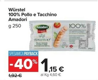 Carrefour Market Amadori Wurstel 100% Carne Macinata Pollo E Tacchino 250 G(ml) offerta