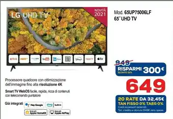 Euronics LG 65UP75006LF TV 165,1 Cm (65") 4K Ultra HD Smart TV Wi-Fi Grigio offerta