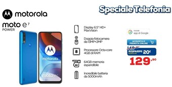 Euronics Motorola Moto E7 Power 16,5 Cm (6.5") Dual SIM Ibrida Android 10.0 4G USB Tipo-C 4 GB 64 GB 5000 MAh Blu offerta