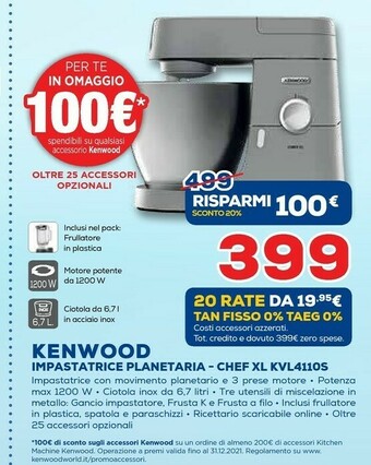 Euronics Kenwood Electronics Chef XL KVL4110S Sbattitore Con Base 1200W Argento offerta