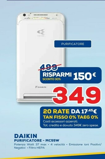 Euronics Daikin MC55W Purificatore 53 DB Bianco 37 W offerta
