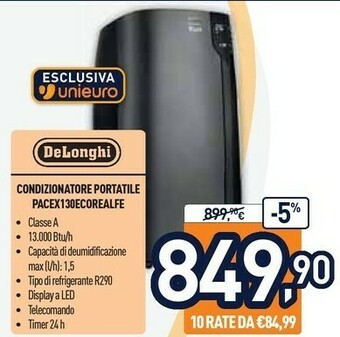 Unieuro DeLonghi Pac EX130 Eco Real Feel 65 DB 1050 W Nero offerta
