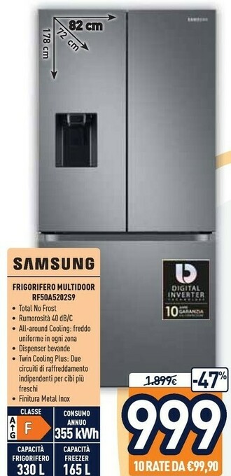 Unieuro Samsung RF50A5202S9/ES Frigorifero Side-by-side Libera Installazione 495 L F Acciaio Inossidabile offerta