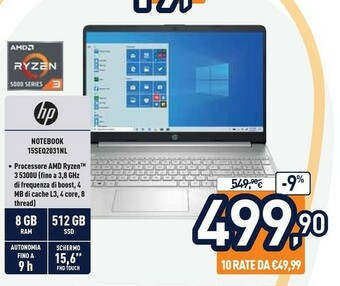 Unieuro HP 15s-eq2031nl DDR4-SDRAM Computer Portatile 39,6 Cm (15.6") 1920 X 1080 Pixel AMD Ryzen 3 8 GB 512 GB SSD Wi-Fi 5 (802.11ac offerta