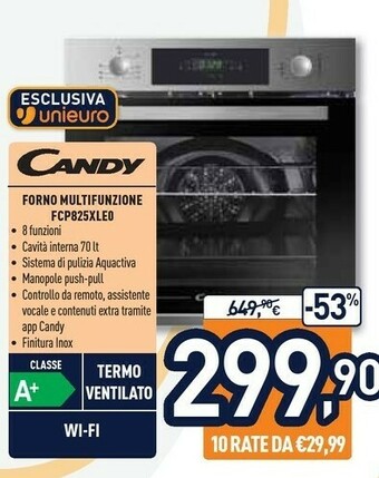 Unieuro Candy FCP825XL E0 Forno Elettrico 70 L Acciaio Inossidabile A+ offerta