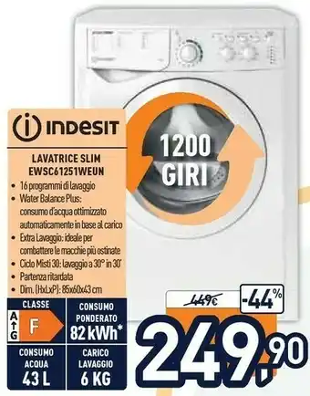 Unieuro Indesit EWSC 61251 W EU N Lavatrice Libera Installazione Caricamento Frontale 6 Kg 1200 Giri/min F Bianco offerta