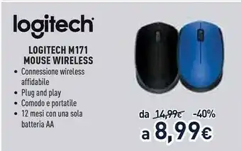 Unieuro Logitech M171 Mouse RF Wireless Ottico 1000 DPI Ambidestro offerta