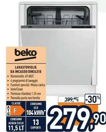 Unieuro Beko DIN24310 Lavastoviglie A Scomparsa Totale 13 Coperti F offerta