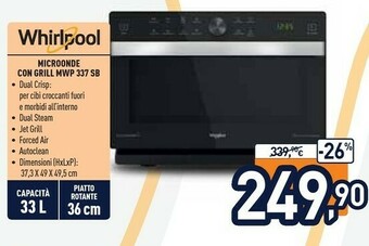 Unieuro Whirlpool MWP 337 SB Superficie Piana Microonde Combinato 33 L 900 W Nero, Argento offerta