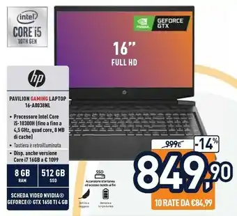 Unieuro HP Pavilion Gaming 16-a0038nl DDR4-SDRAM Computer Portatile 40,9 Cm (16.1") 1920 X 1080 Pixel Intel® Core™ I5 Di Decima Gener offerta