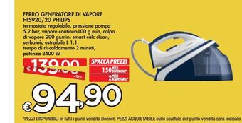 Bennet Ferro generatore di vapore hi5920/20 philips offerta