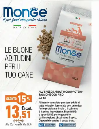 Conad Monge All Breeds Adult Monoprotein Salmone Con Riso 2,5 Kg offerta