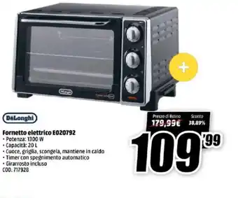 MediaWorld DeLonghi Fornetto elettrico E020792 offerta