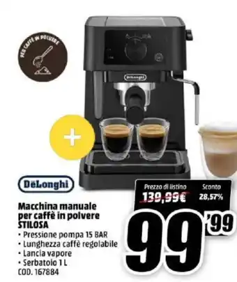 MediaWorld DeLonghi Macchina manuale per caffè in polvere Stilosa 1 L offerta