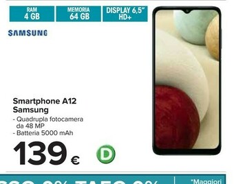 Carrefour Samsung Galaxy A12 16,5 Cm (6.5") Doppia SIM 4G USB Tipo-C 4 GB 64 GB 5000 MAh Nero offerta