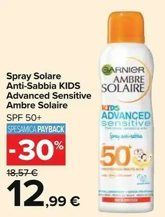 Carrefour Market Garnier Ambre Solaire Spray Solare Anti-sabbia Kids Advanced Sensitive offerta