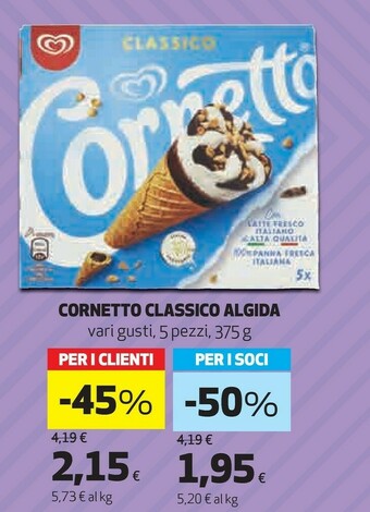 Coop Algida Cornetto Classico Con Latte Fresco Italiano Di Alta Qualità 75 G 375 G(ml) offerta
