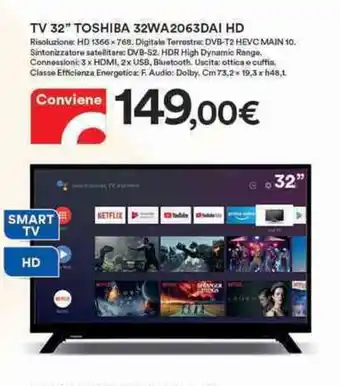 Ipercoop Toshiba TV 32" 32WA2063DAI HD offerta