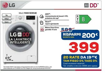 Euronics LG F4WV309S4E Lavatrice Intelligente AIDD 9kg Vapore 1400 Giri/min Carica Frontale Classe B offerta