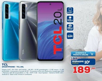 Euronics TCL 20L 16,9 Cm (6.67") Dual SIM Ibrida Android 11 4G USB Tipo-C 4 GB 128 GB 5000 MAh Blu offerta