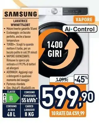 Unieuro Samsung WW80T754ABT Lavatrice Libera Installazione Caricamento Frontale 8 Kg 1400 Giri/min B Nero, Bianco offerta