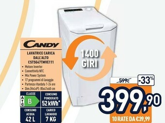 Unieuro Candy CSTSG47TMVE/1-11 Lavatrice Libera Installazione Caricamento Dall'alto 7 Kg 1400 Giri/min B Bianco offerta