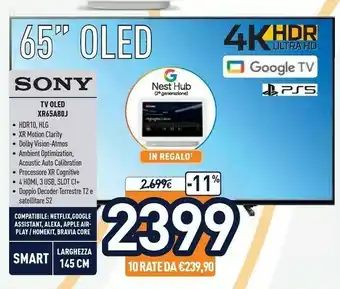 Unieuro Sony BRAVIA XR-65A80J - Smart TV OLED 65 Pollici, 4K Ultra HD, HDR, Con Google TV (Nero, Modello 2021) offerta