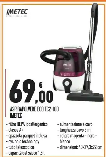 Conad Superstore Imetec TC2-100 Aspirapolvere Magenta 1.5 L A+ offerta