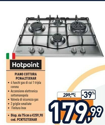 Hotpoint PCN 642 T/IX/HAR Piano Cottura Acciaio Inossidabile Da Incasso 60  Cm Gas 4 Fornello(i) offerta di Unieuro