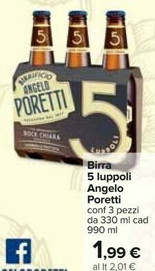 Carrefour Angelo poretti 5 Luppoli Bock Chiara Doppio Malto 330 G(ml) offerta