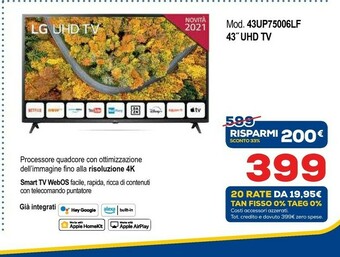 Euronics LG 43UP75006LF TV 109,2 Cm (43") 4K Ultra HD Smart TV Wi-Fi Nero offerta