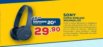 Euronics Sony Cuffia Eireless WHCH510L.CE7 offerta