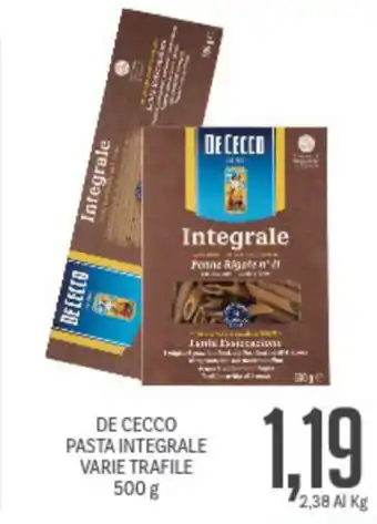 Supermercati Piccolo De Cecco Pasta Integrale Varie Trafile 500g offerta