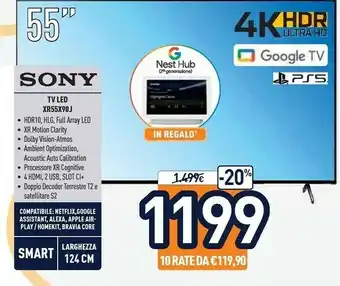 Unieuro Sony BRAVIA XR55X90J Smart Tv 55 Pollici, Full Array, 4k Ultra HD LED, HDR, Con Google TV (Nero, Modello 2021) offerta