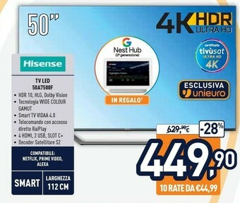 Unieuro Hisense A7500F 50A7500F TV 127 Cm (50") 4K Ultra HD Smart TV Wi-Fi Nero offerta