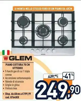Unieuro Glem Piano Cottura 70 Cm GT755HIX offerta