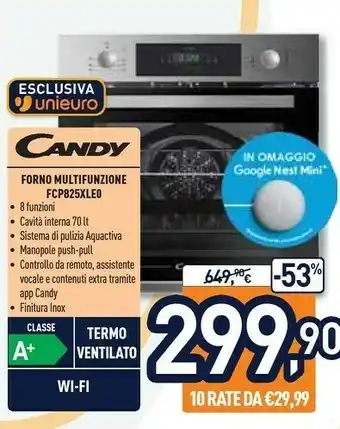 Unieuro Candy FCP825XL E0 Forno Elettrico 70 L Acciaio Inossidabile A+ offerta