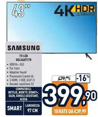 Unieuro Samsung TV Crystal UHD 4K 43” UE43AU7170 Smart TV Wi-Fi Titan Gray 2021 offerta